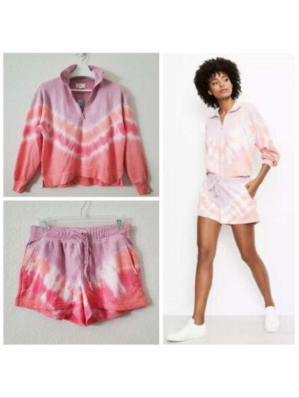 Lou & Grey Boho Tie Dye Soft Cozy Terry Shorts & Half Zip Sweatshirt Set NWT